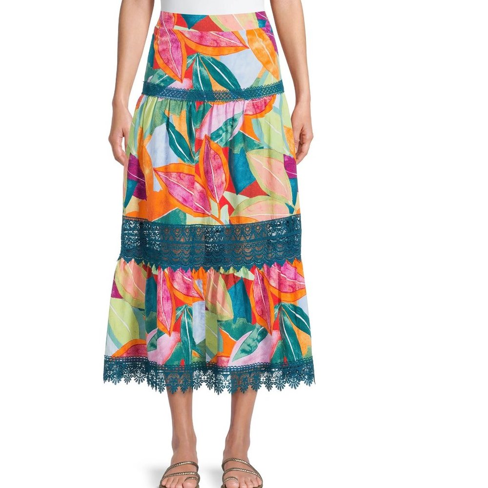 Time and Tru Women’s Tiered Maxi Skirt w Lace Trim Size XS Med Tropical NWT - Picture 2 of 4